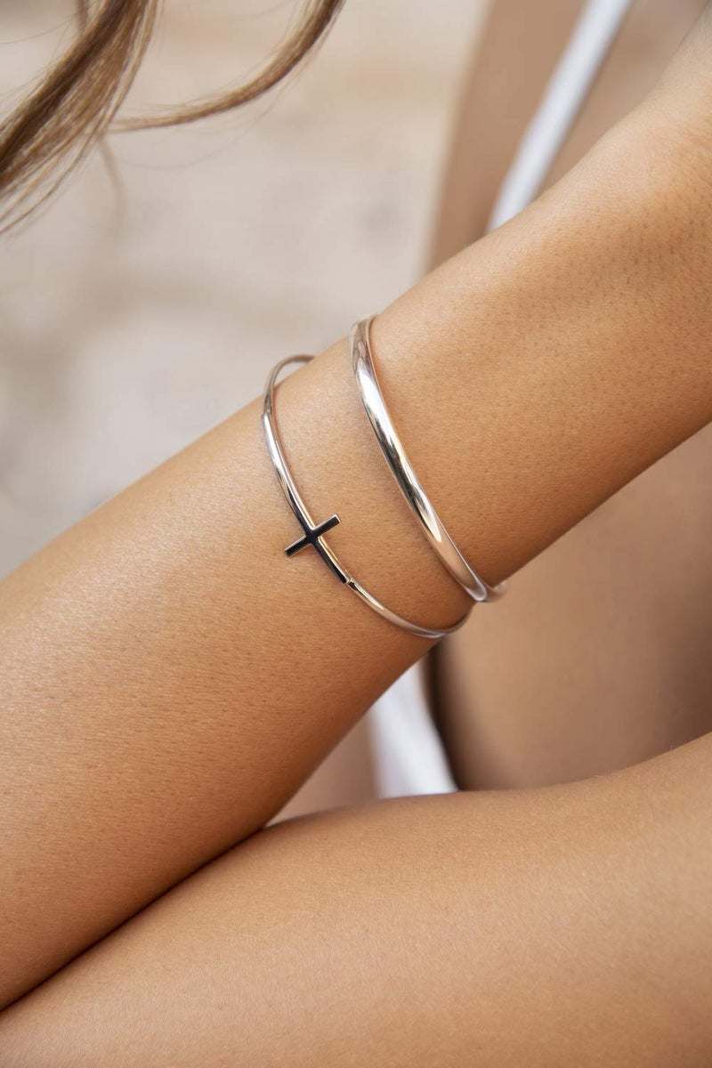 Miabella 925 Sterling Silver or 18K Gold Plated Italian Adjustable Sideways Cross Cuff Bangle Bracelet for Women 7.25-7.5 Inch, Made in Italy (yellow-gold-plated-silver) - Image 3